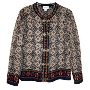 Cambridge Dry‎ Good 100% Wool Nordic Print Winter Cardigan Women's Small